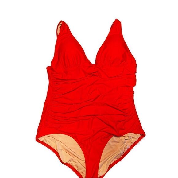 J crew ruched femme plus size 20 one piece red B6819 swimsuit plunging v neck - Picture 2 of 8